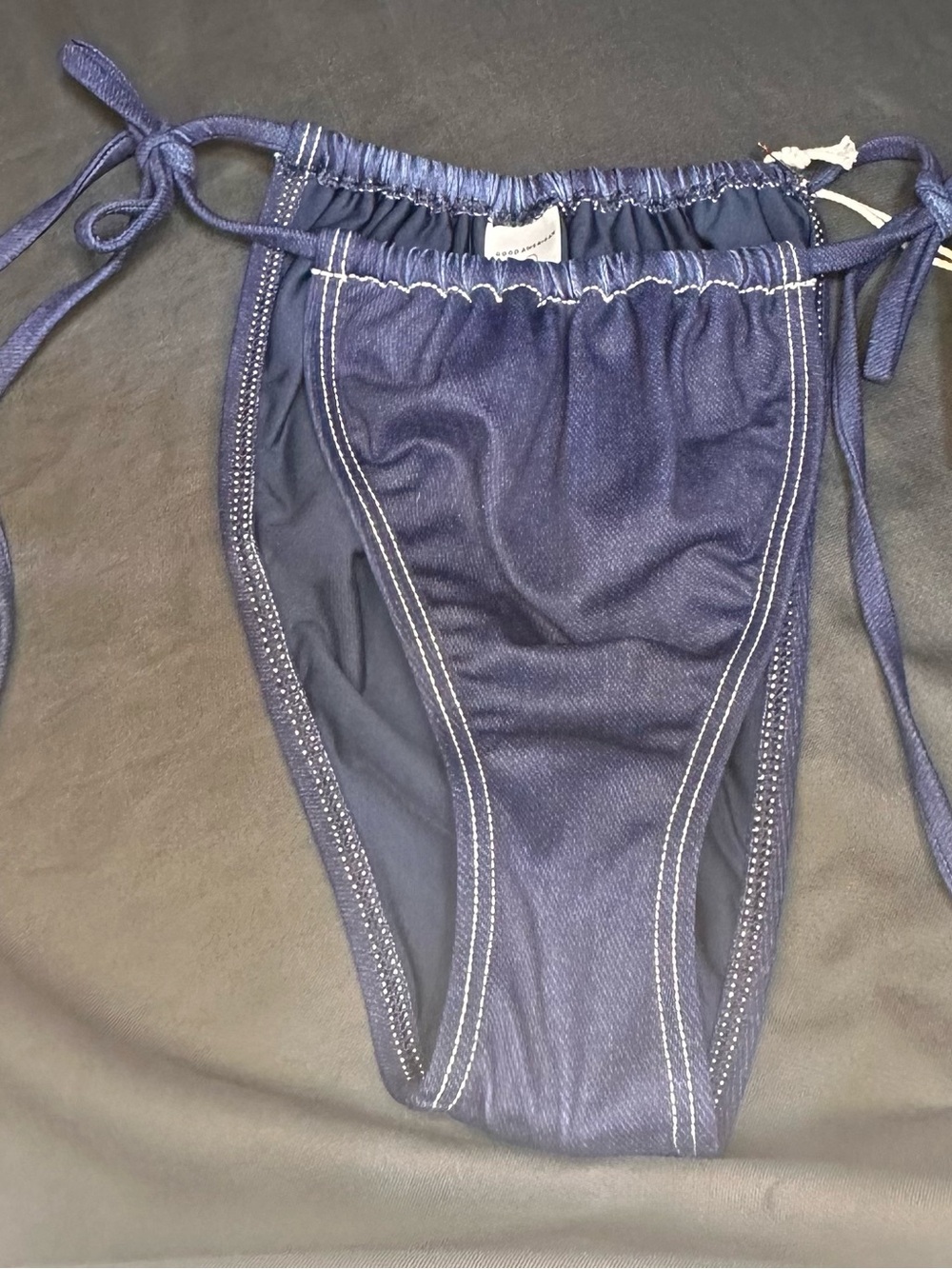 Good American NWT Tiny Ties bikini bottom denim print L